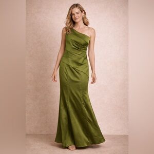 WHITE Vera Wang Olive Green One Shoulder Satin Midi Formal Party Dress Size 10